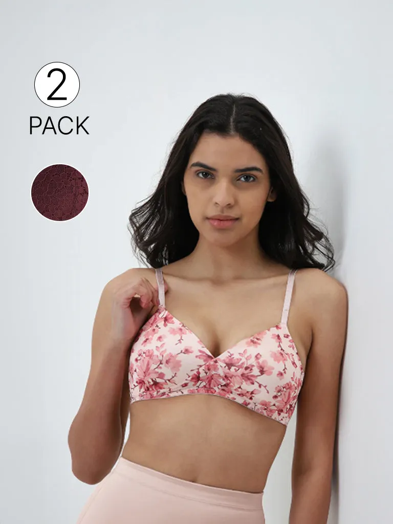 Wunderlove Pink Floral Printed Padded Bra - Pack of 2